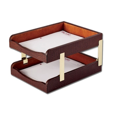Dacasso Brown Crocodile Embossed Leather Double Letter Trays AG-2020